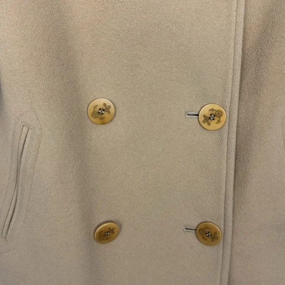 LL Bean Peacoat Tan Wool Nylon Double Breasted Size 12 Cream Beige Coat Jacket - Picture 5 of 8